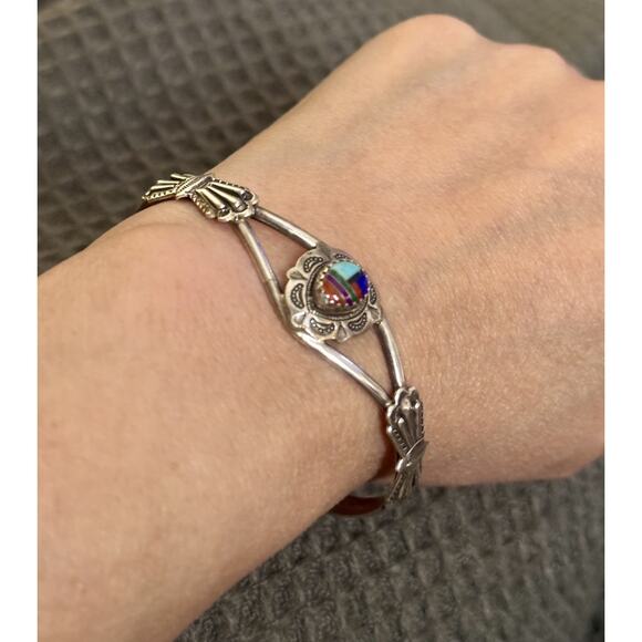 Navajo Sterling Multi Stone Inlay Cuff Bracelet Clarence Thomas C.T. 9.6g - Picture 8 of 11